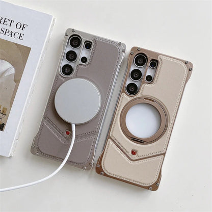 Samsung Galaxy S24 Ultra Metal Case, Frameless Leather Metal Cover Magsafe 360° Rotation Ring - Titanium