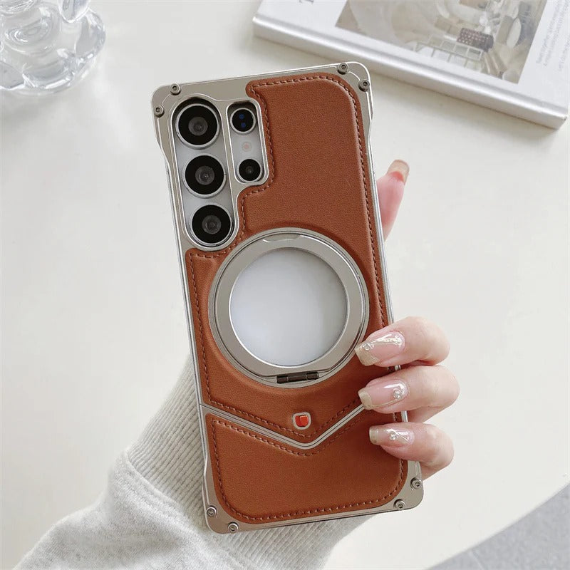 Samsung Galaxy S25 Ultra Metal Case, Frameless Leather Metal Cover Magsafe 360° Rotation Ring - Brown