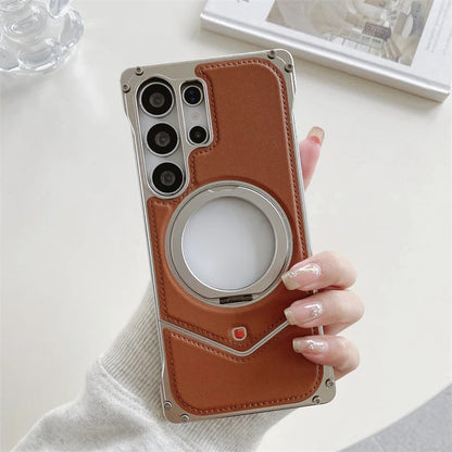 Samsung Galaxy S25 Ultra Metal Case, Frameless Leather Metal Cover Magsafe 360° Rotation Ring - Brown