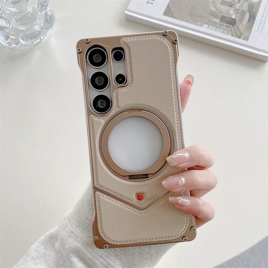 Samsung Galaxy S24 Ultra Metal Case, Frameless Leather Metal Cover Magsafe 360° Rotation Ring - Titanium