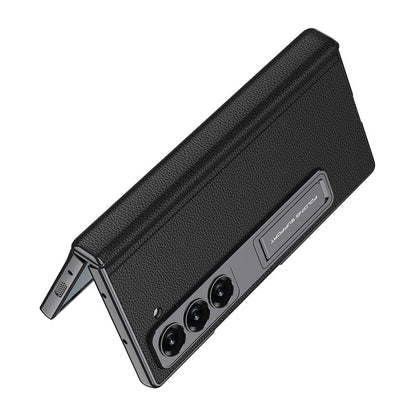 Samsung Galaxy Z Fold6 Leather Case, Phantom Series Kickstand Leather with Magnetic Hinge Protection - Black