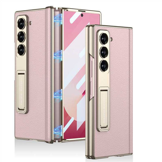 Samsung Galaxy Z Fold6 Leather Case, Phantom Series Kickstand Leather with Magnetic Hinge Protection - Pink