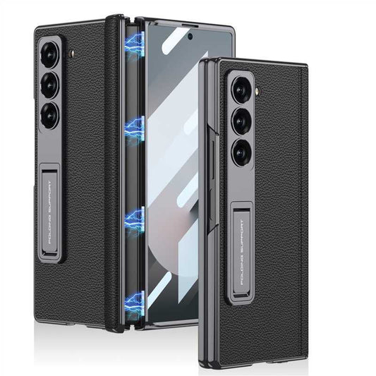Samsung Galaxy Z Fold6 Leather Case, Phantom Series Kickstand Leather with Magnetic Hinge Protection - Black