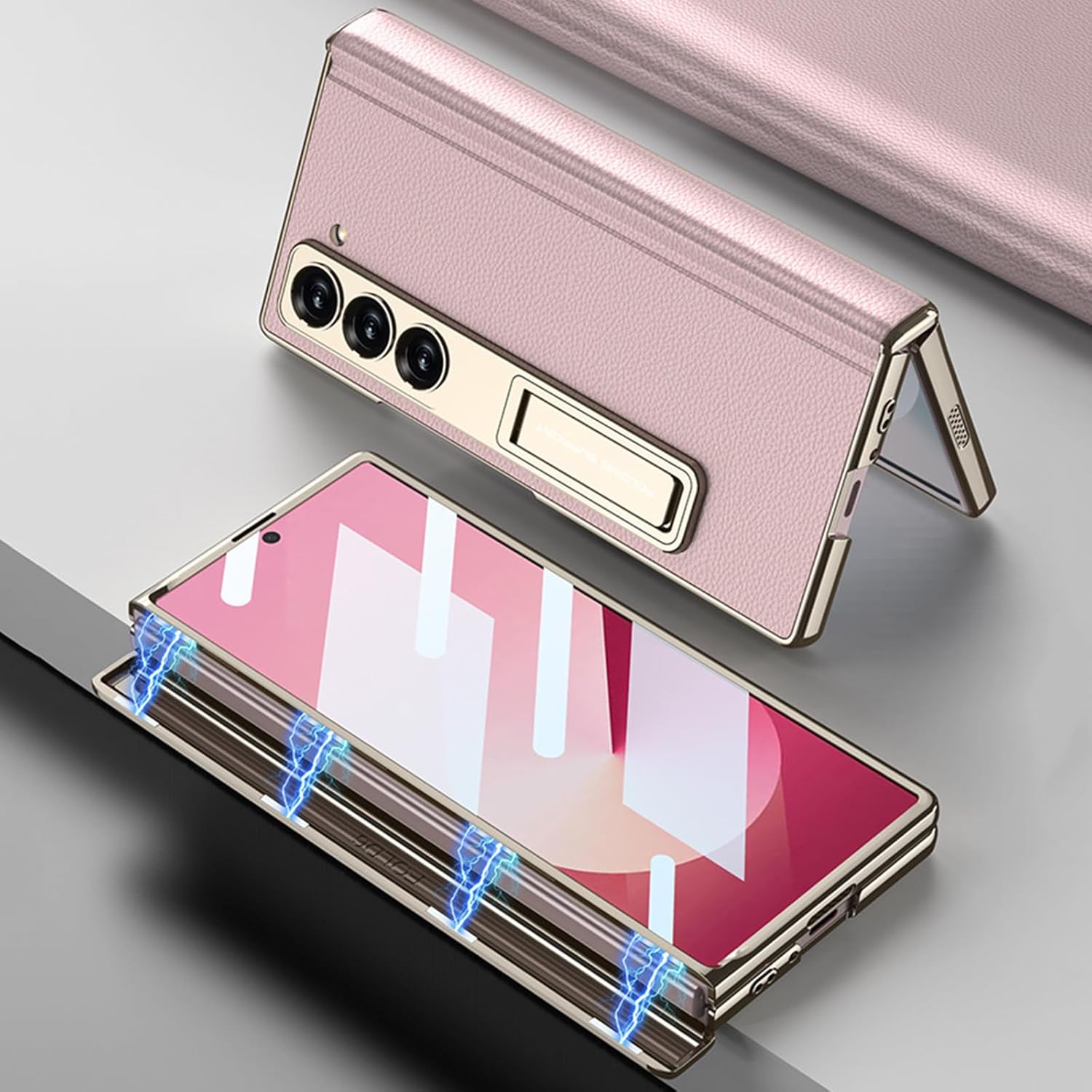 Samsung Galaxy Z Fold6 Leather Case, Phantom Series Kickstand Leather with Magnetic Hinge Protection - Pink