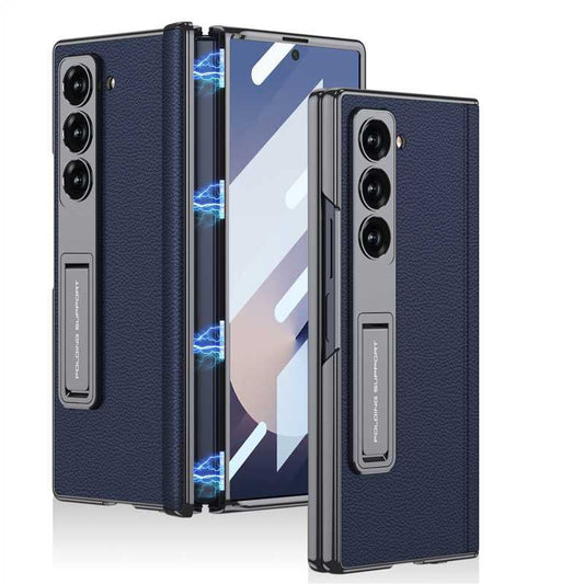 Samsung Galaxy Z Fold6 Leather Case, Phantom Series Kickstand Leather with Magnetic Hinge Protection - Blue