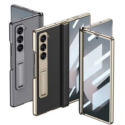 Samsung Galaxy Z Fold6 Leather Case, Phantom Series Kickstand Leather with Magnetic Hinge Protection - Black