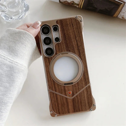 Samsung Galaxy S25 Ultra Metal Case, Frameless Metal + Wooden Cover Kickstand 360° Rotation Ring