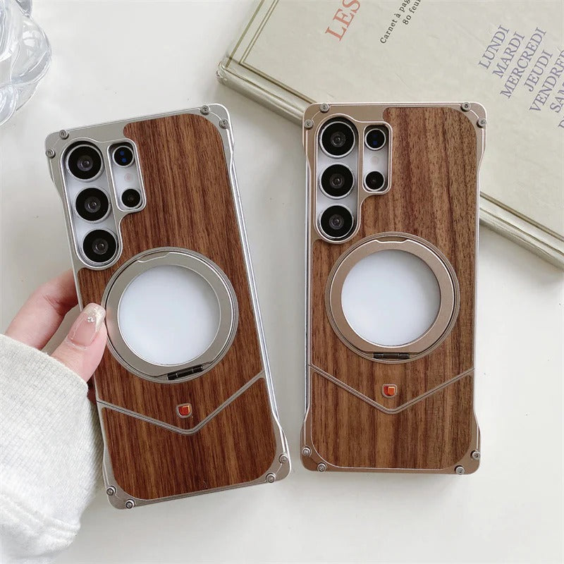 Samsung Galaxy S25 Ultra Metal Case, Frameless Metal + Wooden Cover Kickstand 360° Rotation Ring