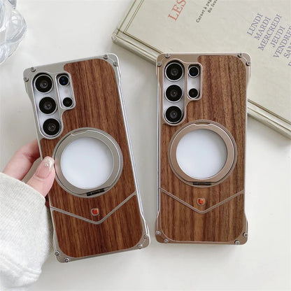 Samsung Galaxy S25 Ultra Metal Case, Frameless Metal + Wooden Cover Kickstand 360° Rotation Ring