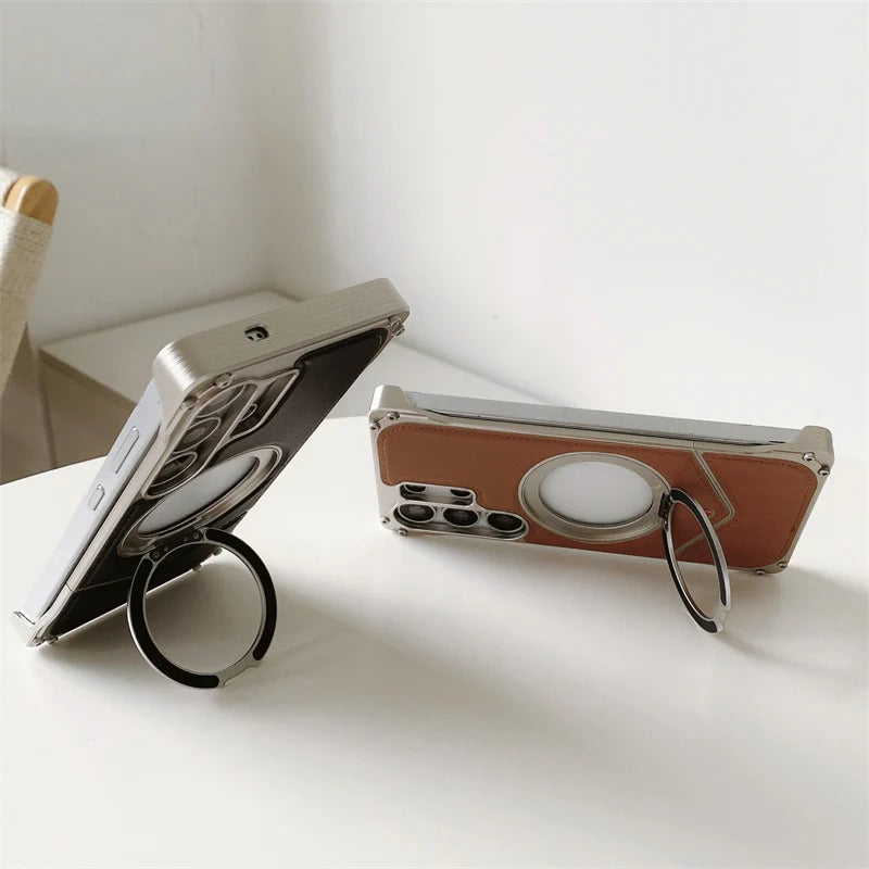 Samsung Galaxy S25 Ultra Metal Case, Frameless Metal + Wooden Cover Kickstand 360° Rotation Ring