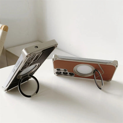 Samsung Galaxy S25 Ultra Metal Case, Frameless Metal + Wooden Cover Kickstand 360° Rotation Ring
