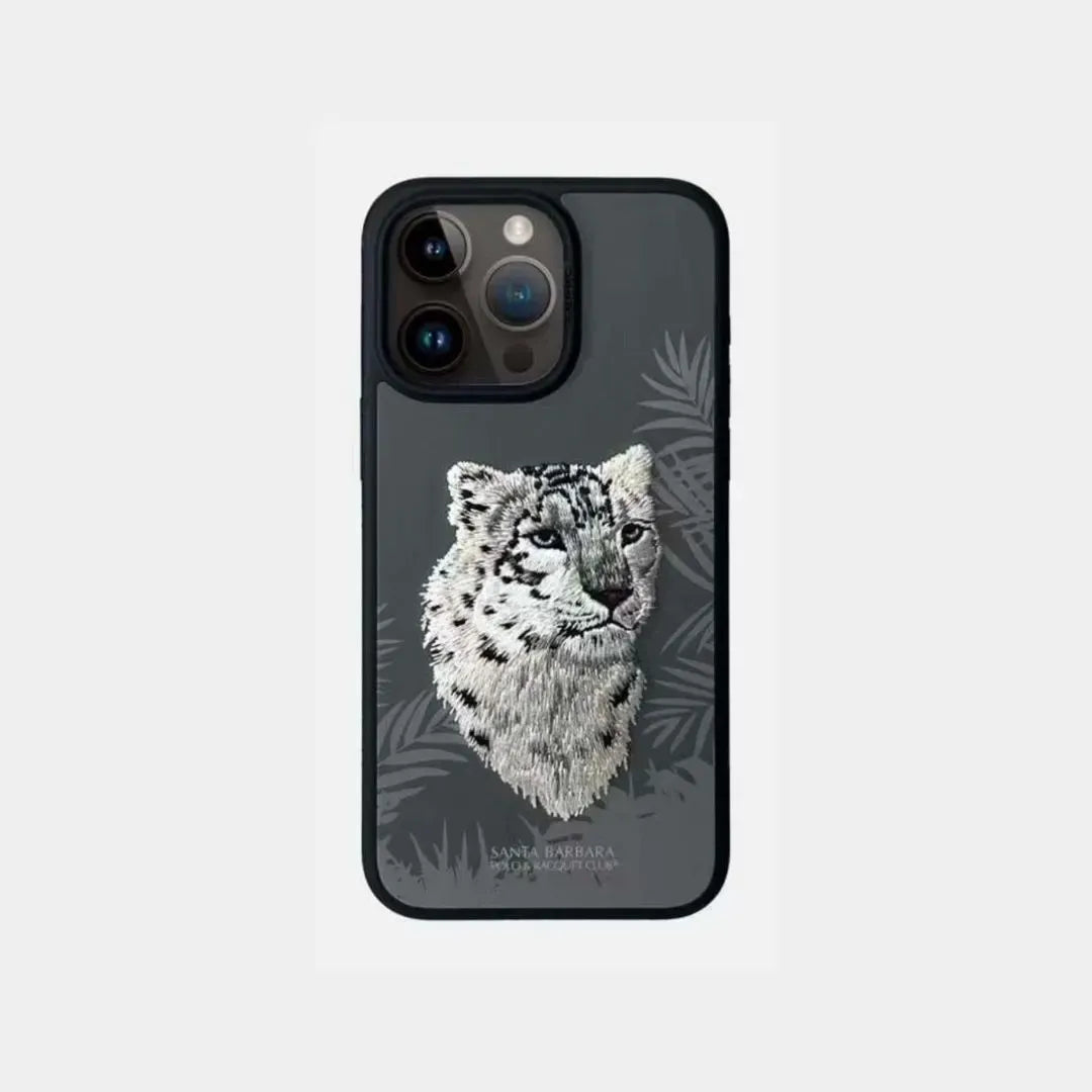 iPhone 15 Pro Max Santa Barbara Snow Leopard Embroidery Case Cover - Grey/Black