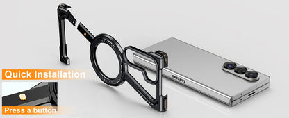 Samsung Galaxy Z Fold 6 Frameless Z Shape Metal Bumper Magsafe Case with Magnetic Kickstand 360° Rotation Ring - Black