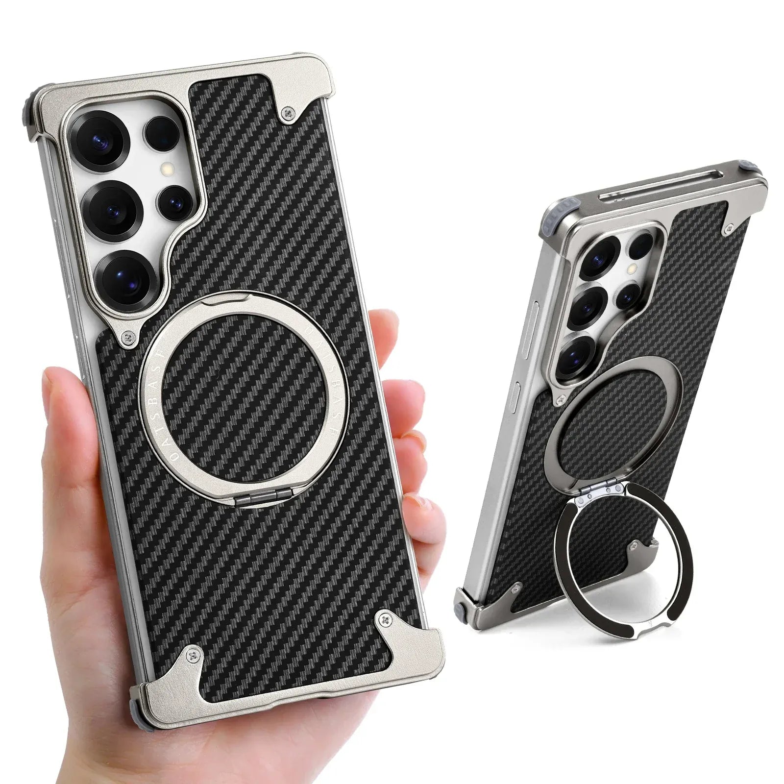 Samsung Galaxy S25 Ultra Metal Case, Frameless Carbon Leather Magnetic Invisible Stand Cover