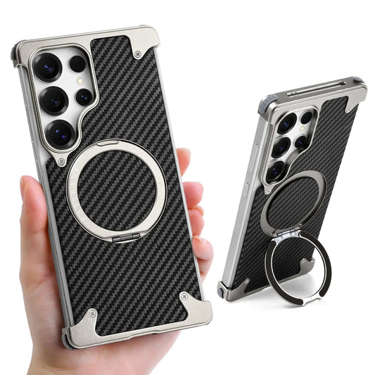 Samsung Galaxy S25 Ultra Metal Case, Frameless Carbon Leather Magnetic Invisible Stand Cover