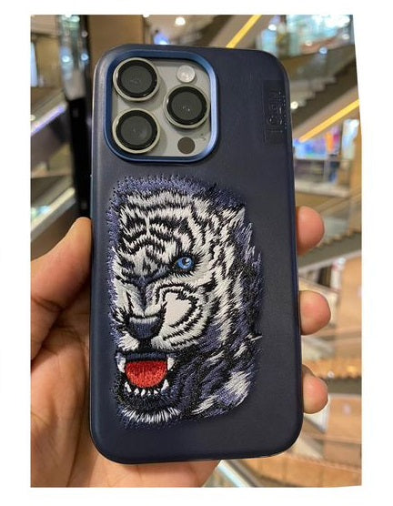 iPhone 14 Luxury 3D Embroidery Animal Series Original Leather Case / Snow Tiger Face