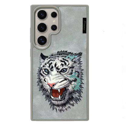 Samsung Galaxy S25 Ultra Nimmy Case, 3D Embroidery Tiger Face Leather Case - Grey