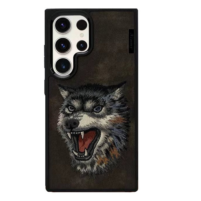 Samsung Galaxy S25 Ultra Nimmy Case, 3D Embroidery Wolf Face Leather Case - Brown