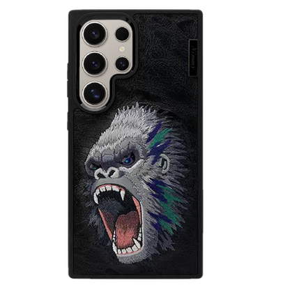 Samsung Galaxy S25 Ultra Nimmy Case, 3D Embroidery Gorilla Face Leather Case - Black