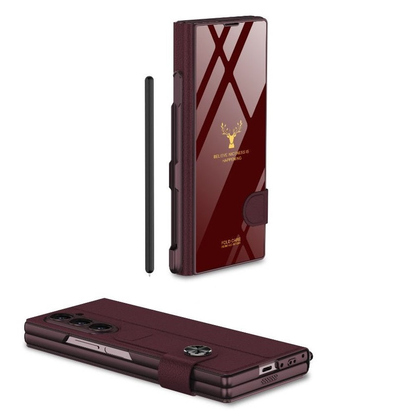 Samsung Galaxy Z Fold6 Original GKK Glossy Deer Glass & Leather Kickstand Flip Cover with S-Pen - Wine