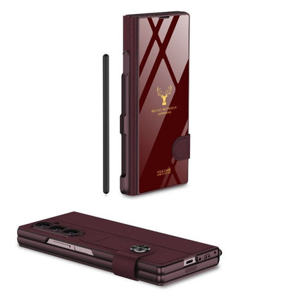 Samsung Galaxy Z Fold6 Original GKK Glossy Deer Glass & Leather Kickstand Flip Cover with S-Pen - Wine
