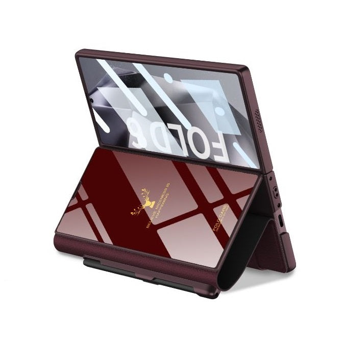 Samsung Galaxy Z Fold6 Original GKK Glossy Deer Glass & Leather Kickstand Flip Cover with S-Pen - Wine