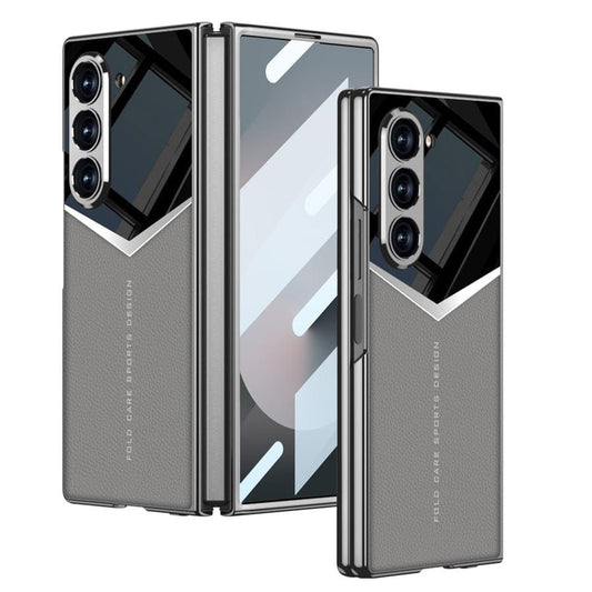 Samsung Galaxy Z Fold 6 Ultra Electroplating V Shape Leather & Glass Case - Grey