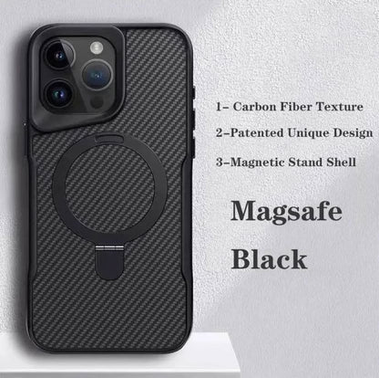 iPhone 16 Pro Max Luxury DEFENDER Carbon Pattern Shock Absorb Aramid Case with Kickstand & Magsafe - Grey