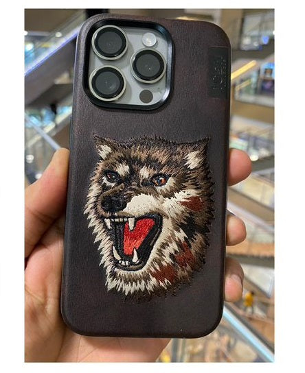 iPhone 14 Pro Max Luxury 3D Embroidery Animal Series Original Leather Case / Wolf Face