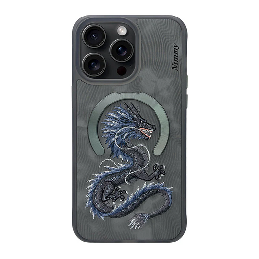 iPhone 15 Nimmy Fantasy Animal Series 3D Embroidered Dragon Leather Magsafe Case- Black