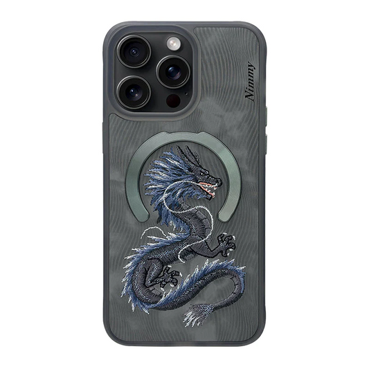 iPhone 15 Pro Nimmy Fantasy Animal Series 3D Embroidered Dragon Leather Magsafe Case- Black