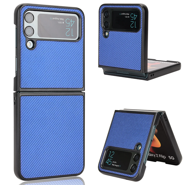 Samsung Galaxy Z Flip 3 Leather Carbon Fiber Slim Fit Case- Blue