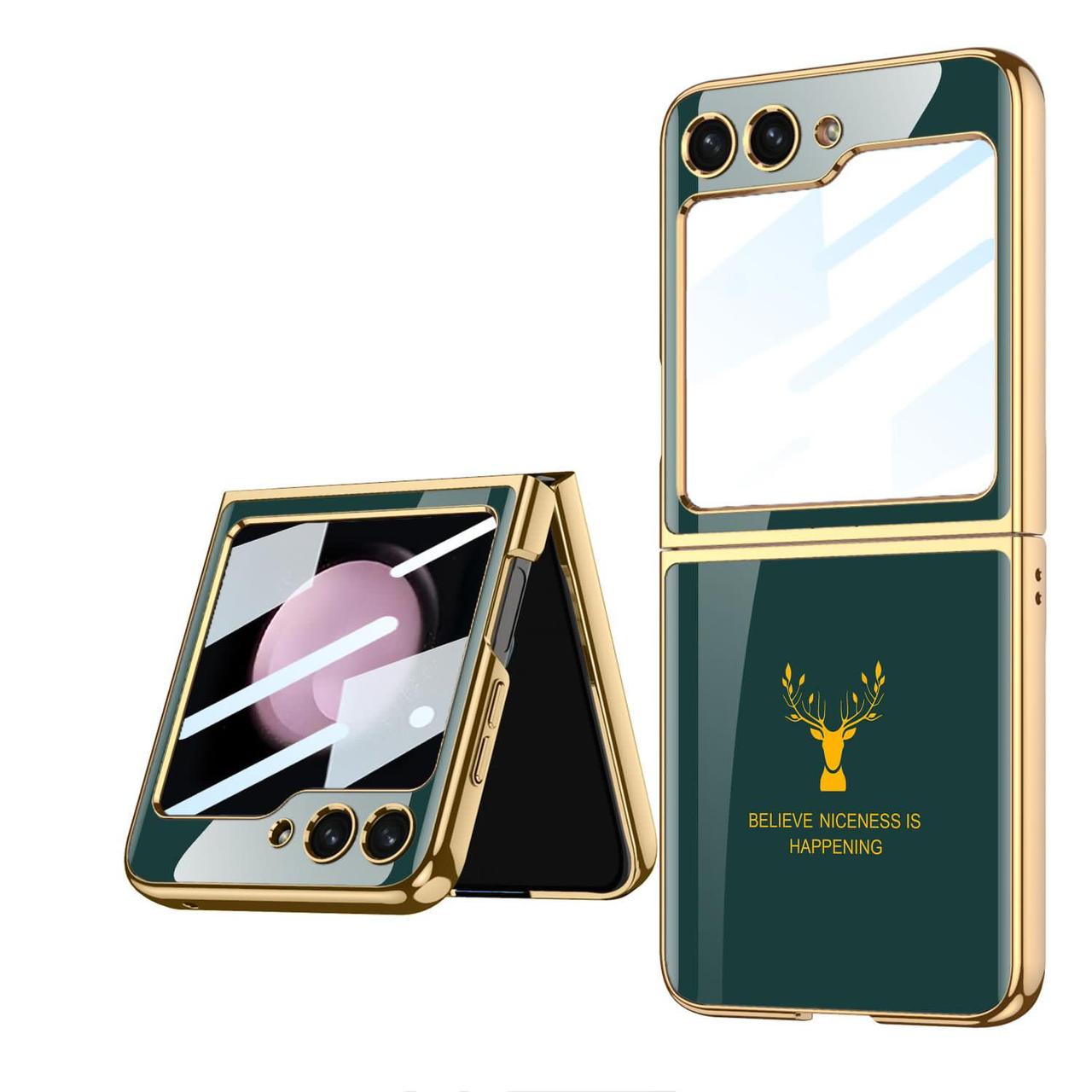 Samsung Galaxy Z Flip 5 Deer Pattern Glass Case-Dark Green