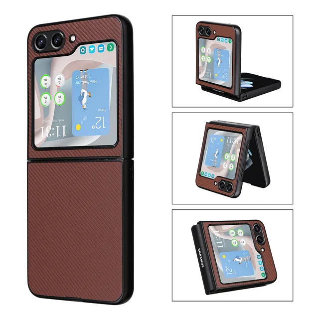 Samsung Galaxy Z Flip 5 Leather Carbon Fiber Slim Fit Case- Brown