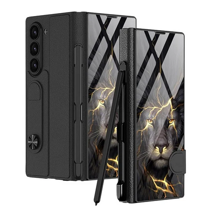 Samsung Galaxy Z Fold 6 Original GKK Glossy Lion Glass & Leather Kickstand Flip Cover with S-Pen - Black