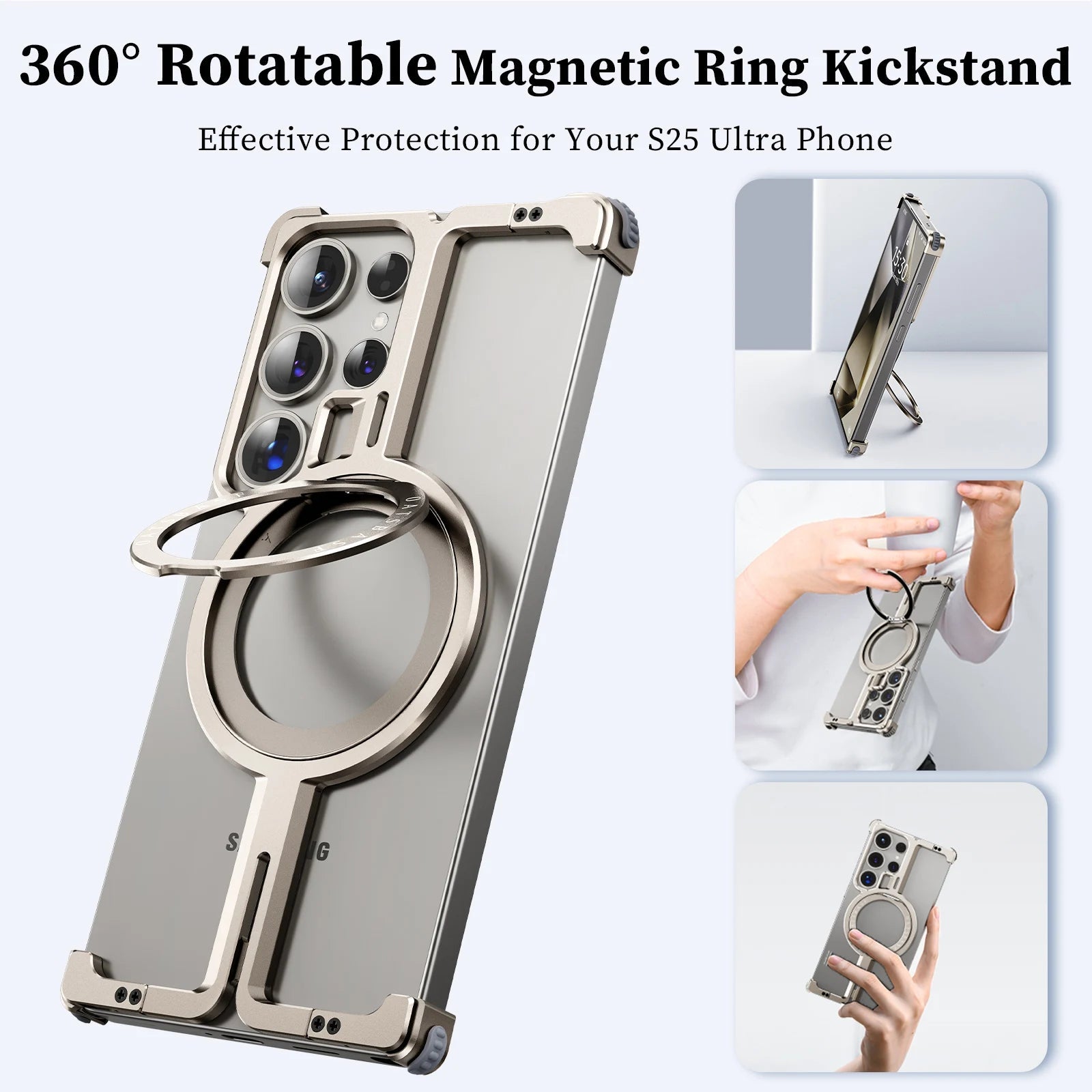 Samsung Galaxy S25 Ultra Metal Case, Frameless, Strong Magnetic Kickstand with MagSafe Case - Desert Titanium