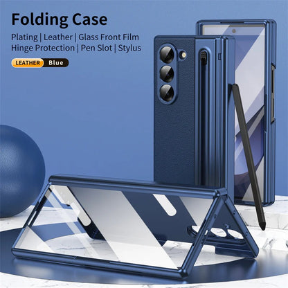 Samsung Galaxy Z Fold6 Leather Case, Electroplating S Pen Case with Kickstand & Hinge Protection - Blue