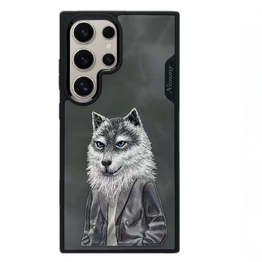 Samsung Galaxy S25 Ultra Nimmy Case, 3D Embroidery Wolf Leather Case - Grey