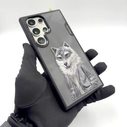 Samsung Galaxy S25 Ultra Nimmy Case, 3D Embroidery Wolf Leather Case - Grey