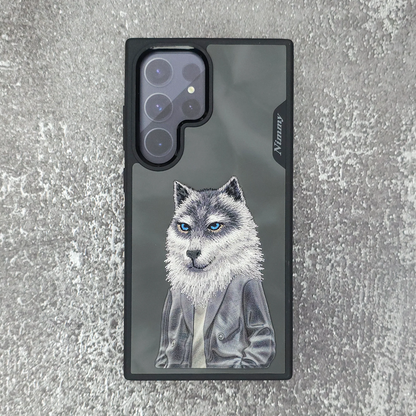 Samsung Galaxy S25 Ultra Nimmy Case, 3D Embroidery Wolf Leather Case - Grey