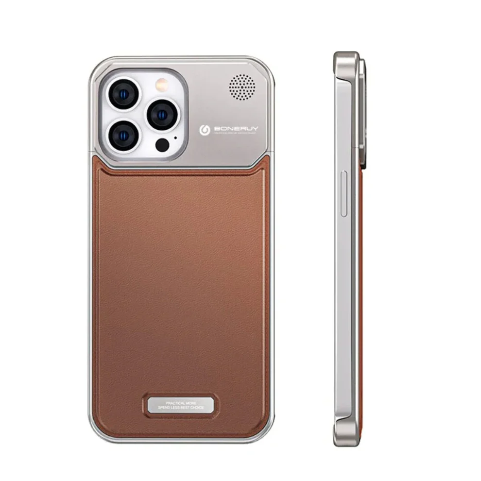 iPhone 15 Pro Max Super Slim AeroFLex Metal Frame Vegan Leather Case with Magsafe - Brown