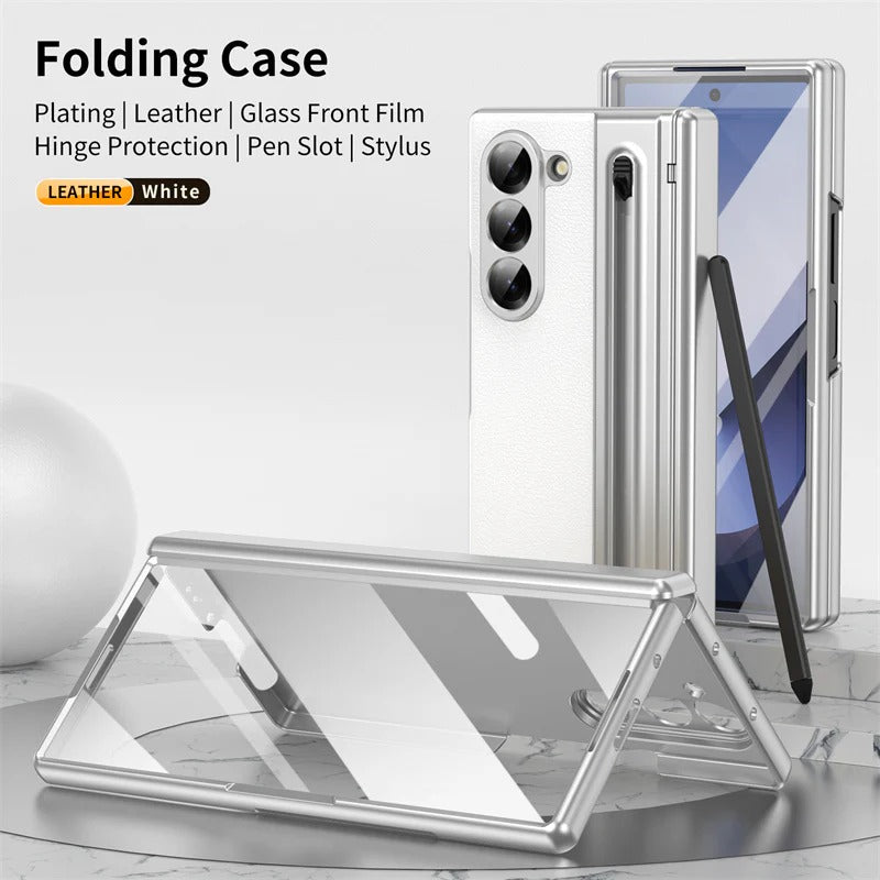 Samsung Galaxy Z Fold6 Leather Case, Electroplating S Pen Case with Kickstand & Hinge Protection - White