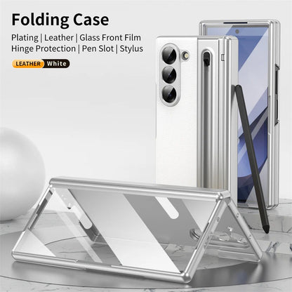 Samsung Galaxy Z Fold6 Leather Case, Electroplating S Pen Case with Kickstand & Hinge Protection - White