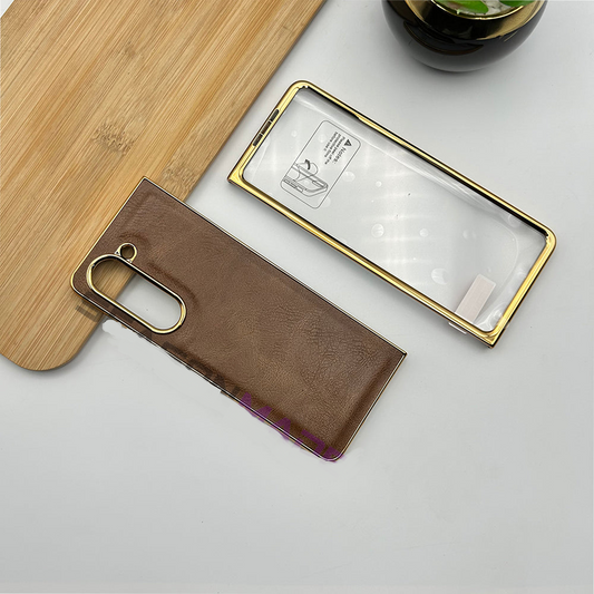 Samsung Galaxy Z Fold 6 Luxury Business Leather Gold Electroplating Case with Built-in Front Glass - Dark Brown