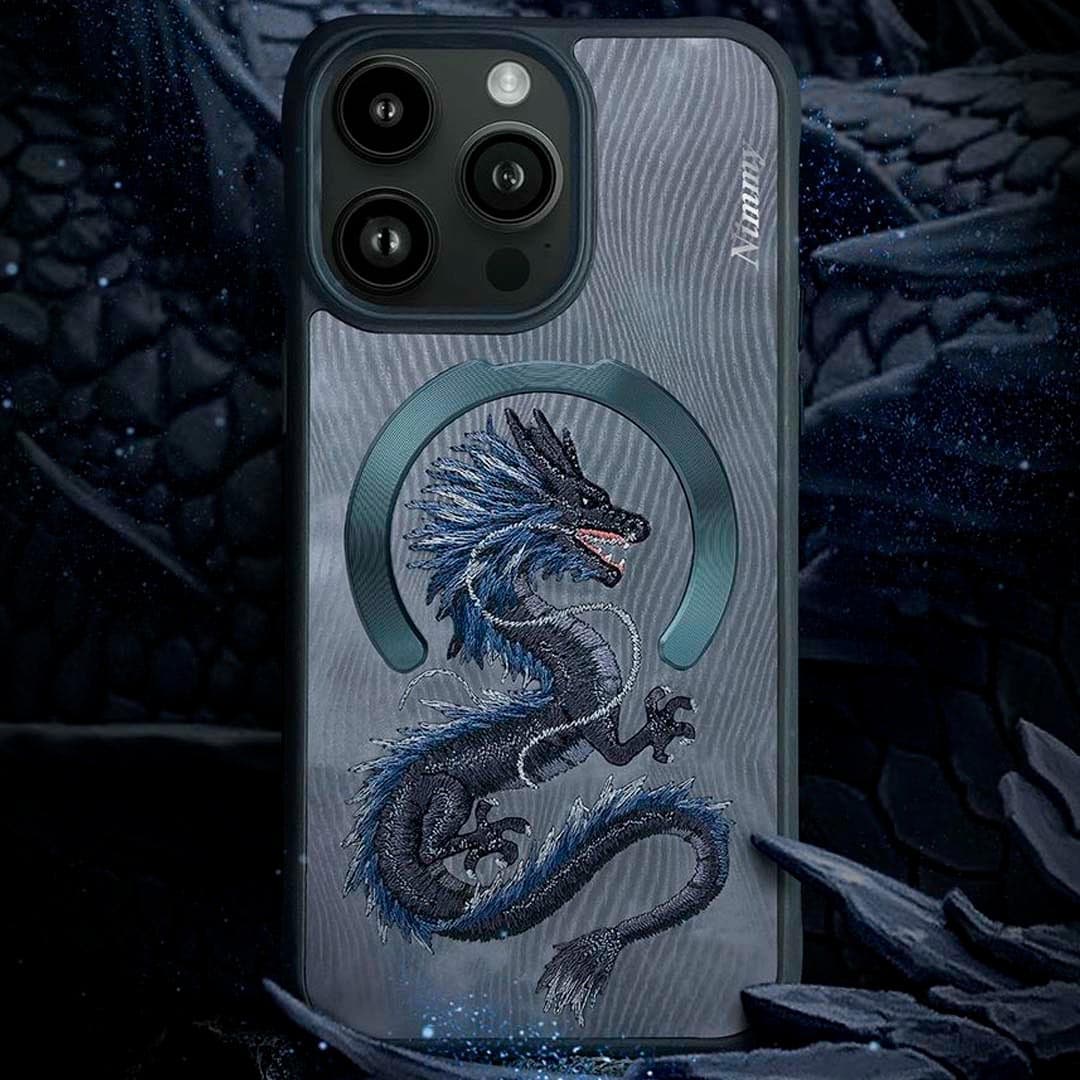 iPhone 14 Pro Nimmy Fantasy Animal Series 3D Embroidered Dragon Leather Magsafe Case - Grey