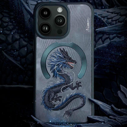 iPhone 14 Pro Nimmy Fantasy Animal Series 3D Embroidered Dragon Leather Magsafe Case - Grey