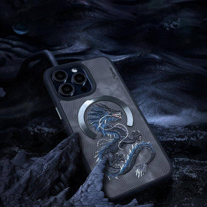 iPhone 14 Pro Nimmy Fantasy Animal Series 3D Embroidered Dragon Leather Magsafe Case - Grey