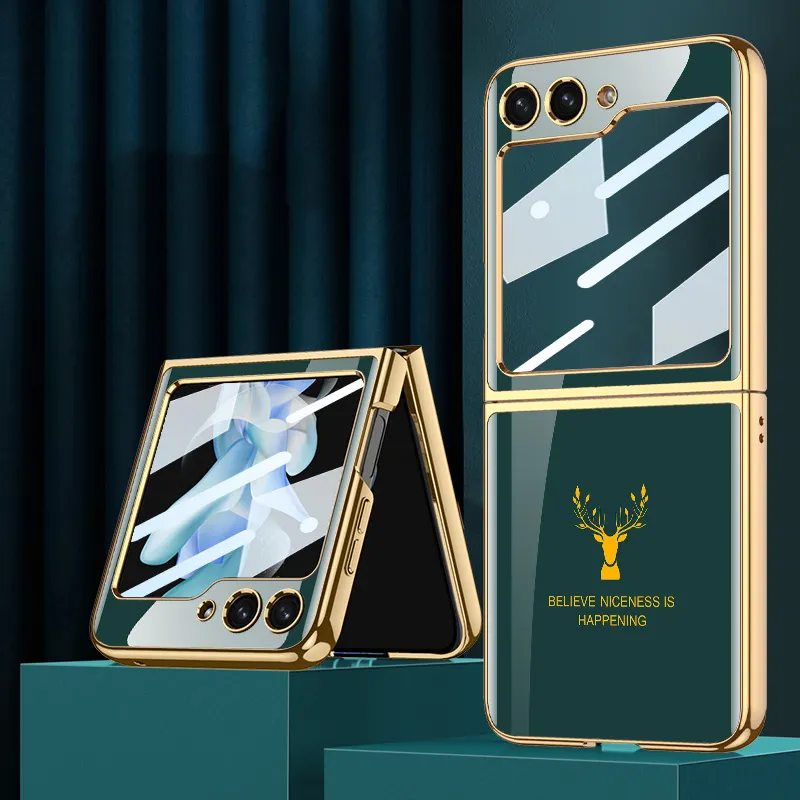 Samsung Galaxy Z Flip 5 Deer Pattern Glass Case-Dark Green