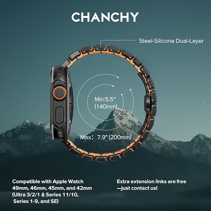 Titanium Alloy Sports Band Stainless Steel Chain Strap with FKM Rubber for iWatch (42-44-45-46-49 MM) - Black
