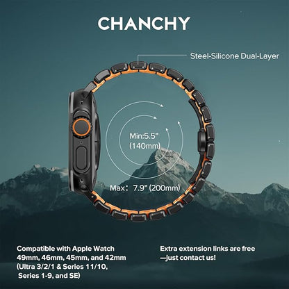 Titanium Alloy Sports Band Stainless Steel Chain Strap with FKM Rubber for iWatch (42-44-45-46-49 MM) - Black